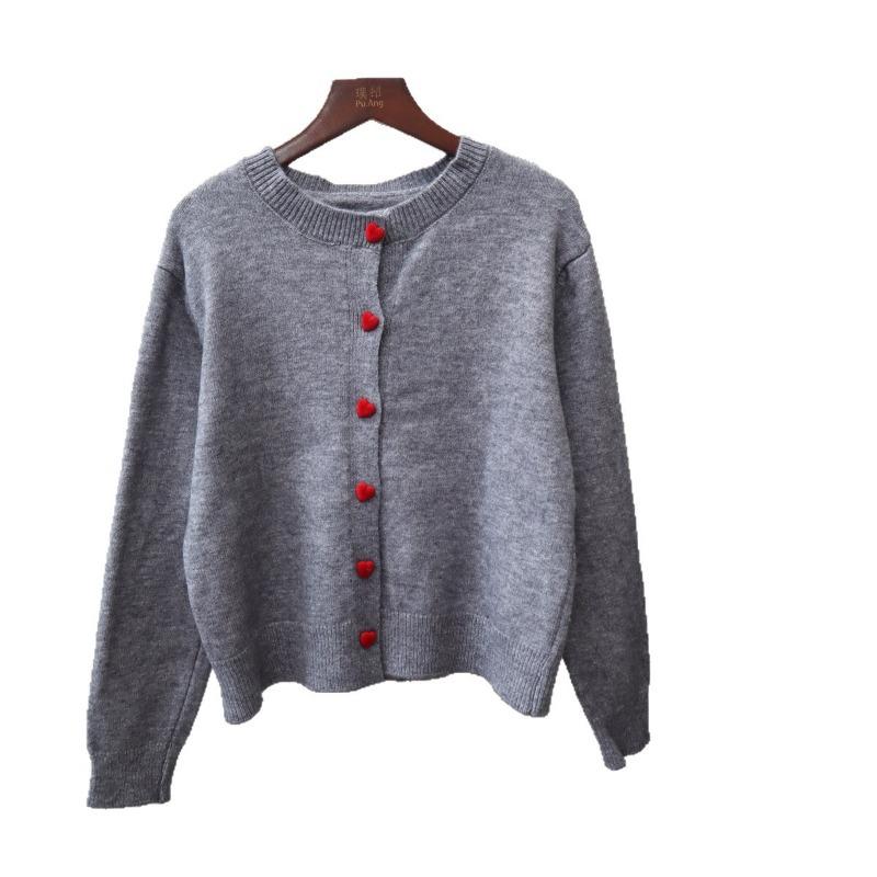 Autumn and Winter New Love Buckle Knitted Cardigan Round Neck Lazy Style Temperament Soft Waxy Sweater Jacket Women
