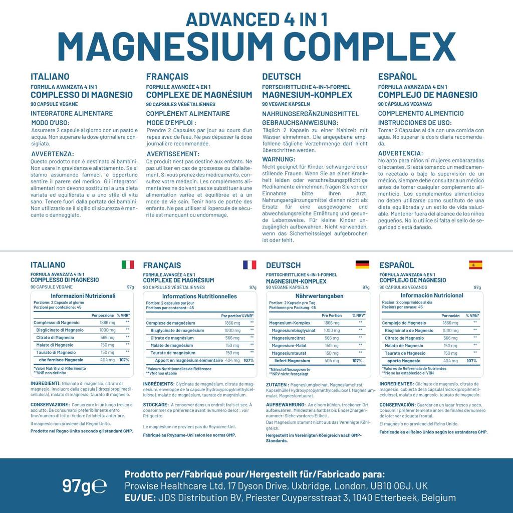 Magnesium Glycinate Complex 4 in 1 - 1866mg 90 Vegan Capsules