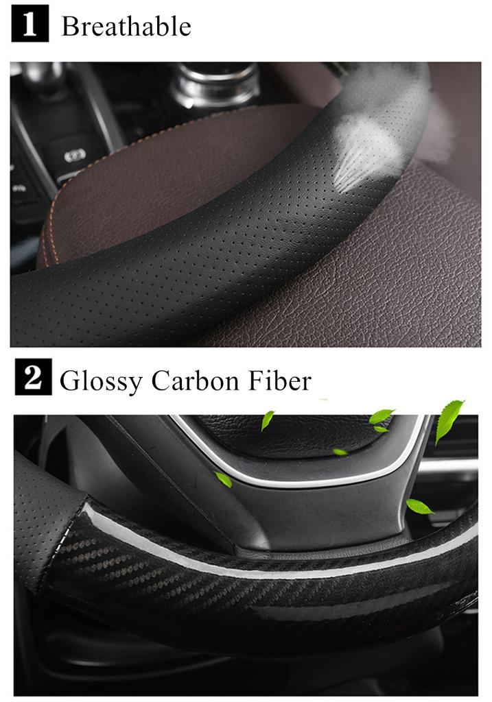 38CM Deluxe Black Carbon Fiber & Leather Car Steering Wheel Cover Trim Universal