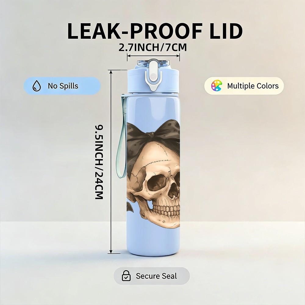 1PC Bow Decor Vintage Skull 750ml Color Plastic Sports Water Bottle Leakproof Flip Straw Lid Suitable for Sports Office Home Use