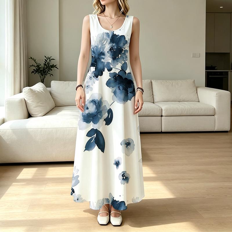 Women's Beach & Urban Casual Sleeveless Maxi Dress,Floral Print,Lightweight,Loose Flowy Hem,Floor-Length,Stylish Versatile for Vacation & Daily Wear