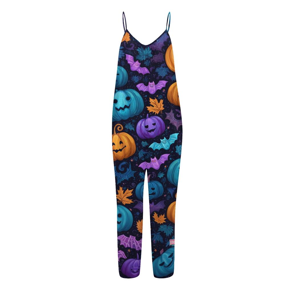 Womens Halloween Print Casual Loose Fit Jumpsuit Spaghetti Strap Wide Leg Romper One Piece Outfit for Everyday Wear