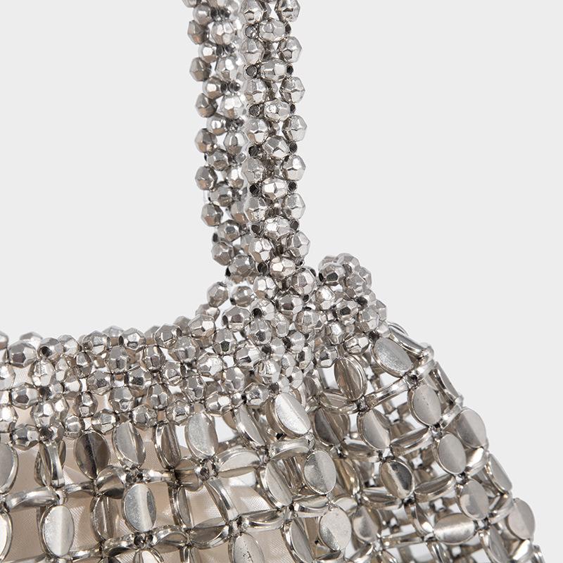 New Retro Silver Metal Handmade Shiny Beaded Sequin Handbag Underarm Single Shoulder Sequin Bag Woven