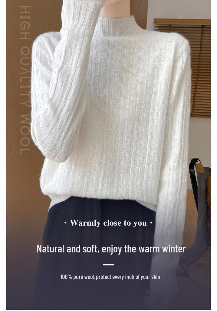 Women's Versatile Solid Color Wool Knit Sweater - Loose Half-High Collar, Long Sleeve Autumn & Winter Base Layer.