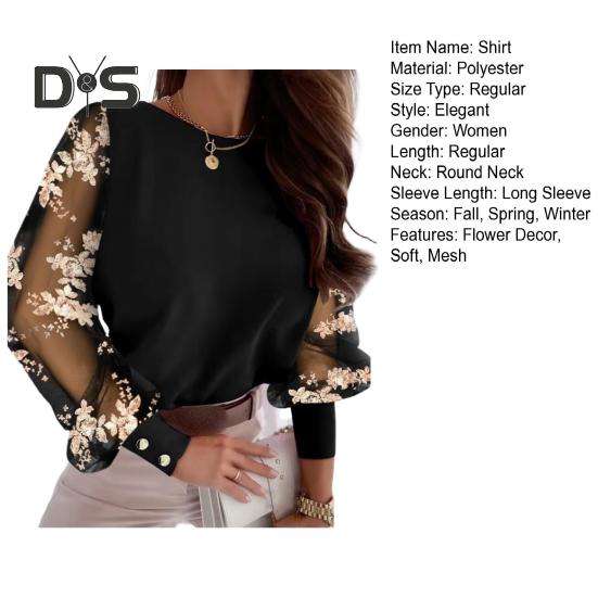 Fall Spring Women Shirt See Through Mesh Solid Color Round Neck Flower Decor Long Sleeve OL Commute Style Pullover Elegant Women Blouse