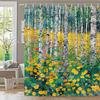 1Pc Spring Woodland Bath Curtain - Vibrant Forest Scene With Yellow Wildflowers, Pink Blooms & Birch Trees - Durable Polyester
