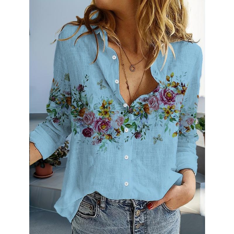 Fashion Women's Casual 3D Floral Print Blouse Lapel Neck Blouse Women Long Sleeve Shirts Casual Womens Clothing