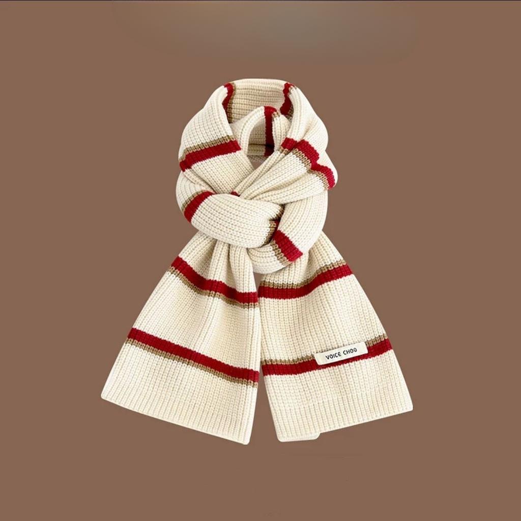 Women's Korean Style Atmosphere Versatile Knitted Scarf Winter Warm Japanese Color Block Christmas Gift Neck Warmer
