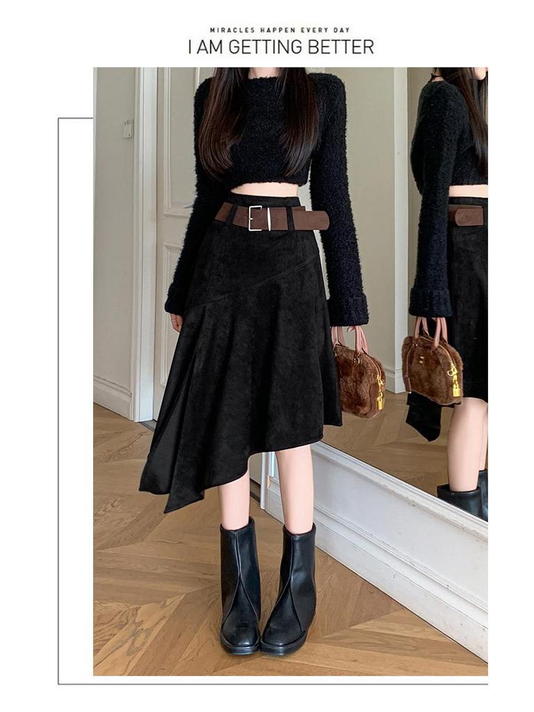 Elegant Suede Midi Skirt with Irregular Slit - Women's Autumn/Winter Fashion
