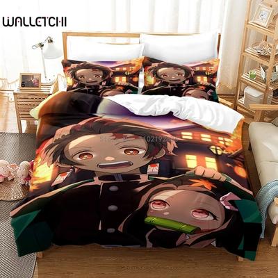 Anime Bedding Set For Girl Demon Slayer Cartoon Print Duvet Quilt Cover Set Full Queen Children Decorative Bedding Comforter Set