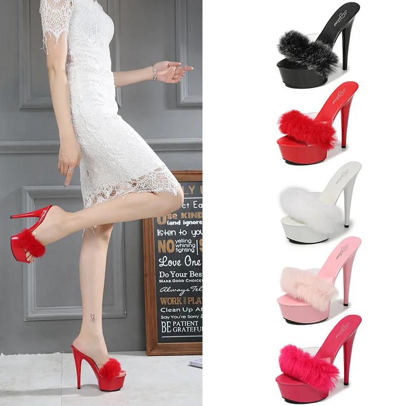 Moda Nuevas zapatillas pelo de conejo tacón fino sexy negro plataforma impermeable odio tacones super altos cielo alto sandalias de verano para mujer