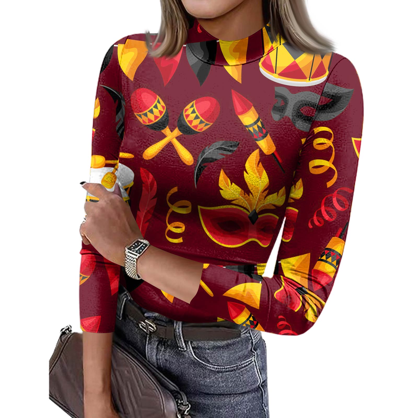 

Женская облегающая футболка, модная повседневная футболка с принтом, пуловер с круглым вырезом и рукавом 3/4 M красный