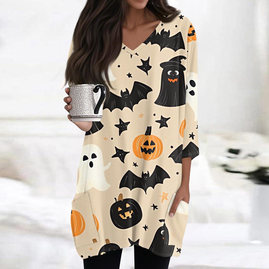 Womens Tops V-neck 3/4 Sleeve Blouses Casual Mid-length Shirts Fashion Halloween Print Tunic Tops With Pockets