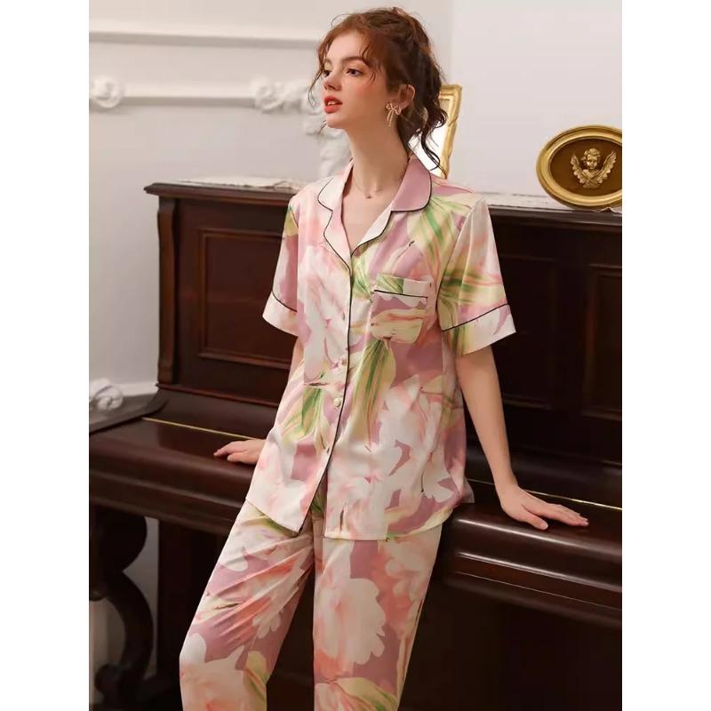 Pijamas de Seda Pura Femininas, Pijamas de Cetim, Pijamas com Botões, Pijamas de Seda Estampados