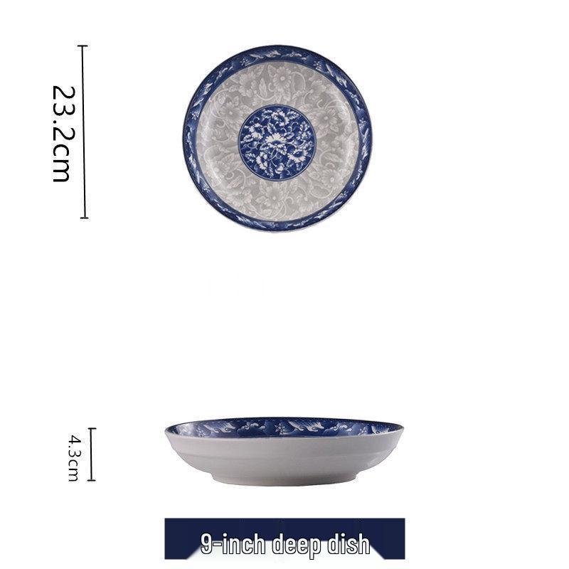 Set de 4 farfurii ceramice japoneze alb-albastru, de 8 inch: Include farfurie adâncă, farfurie pentru orez și farfurie pentru friptură.