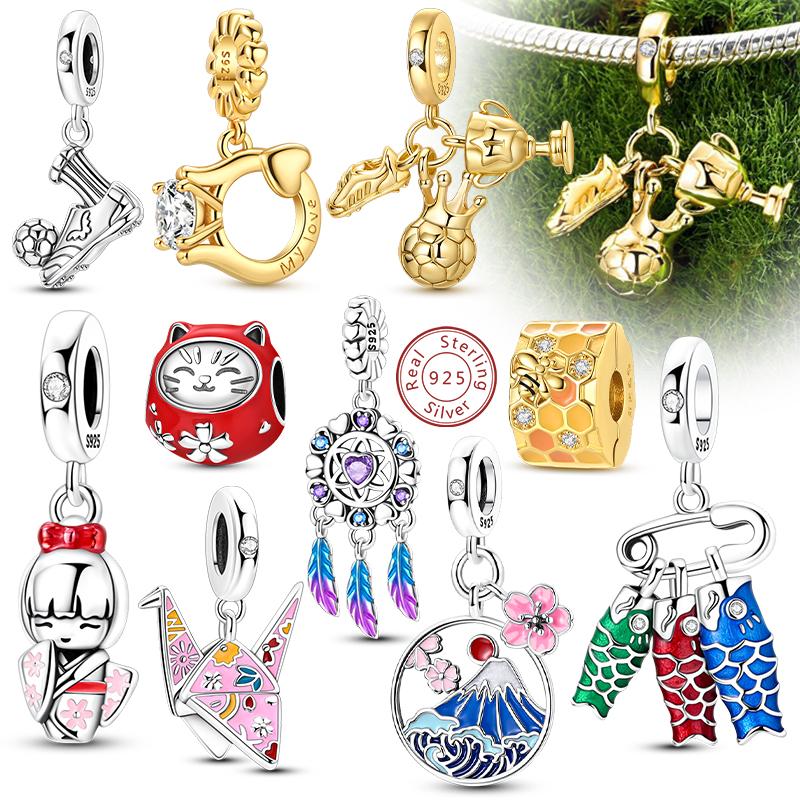 Original Copper Charms Beads Crown Football Trophy Carp Cat Charms Fit Bracelet Bangle Necklace Woman Jewelry Gift