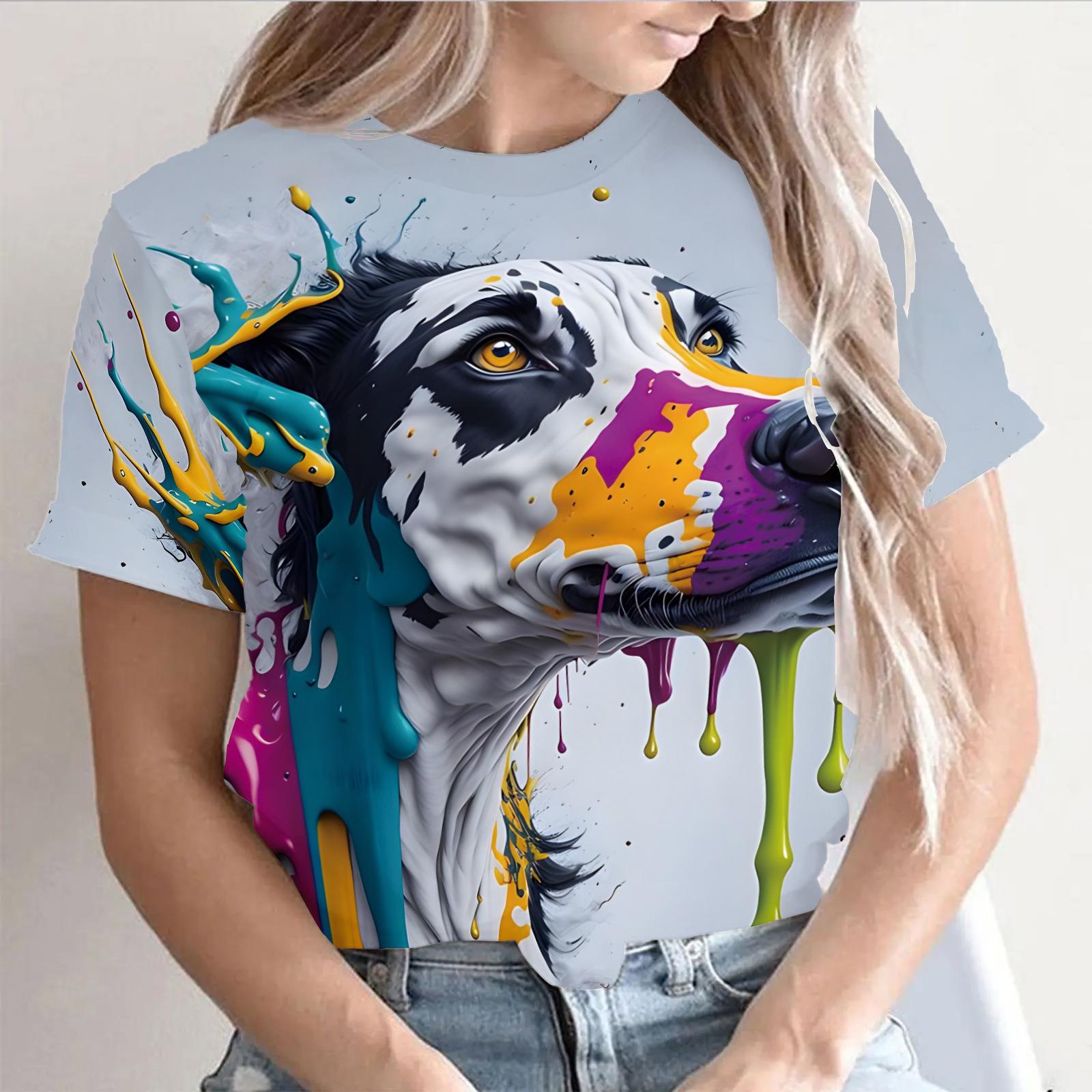 

Round Neck 3D Cat Dog Printed Top Fashionable Casual Short Sleeved Women s T-shirts - Soft Medium Stretch Polyester Fabric Summer Relaxed Fit Clothing 6XL