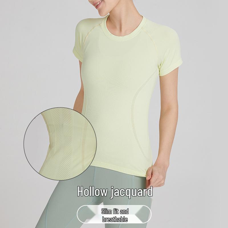 

Женская футболка с коротким рукавом и круглым вырезом облегающего кроя для бега и йоги - Дышащий, формирующий фигуру фитнес-топ для весны и лета. Small