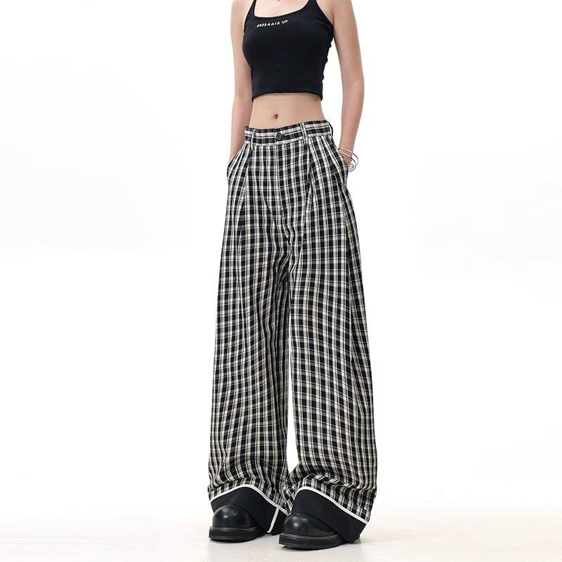 

Ретро Британский Стиль Клетчатые Полосатые Брюки с Завышенной Талией и Широкими Штанинами Medium
