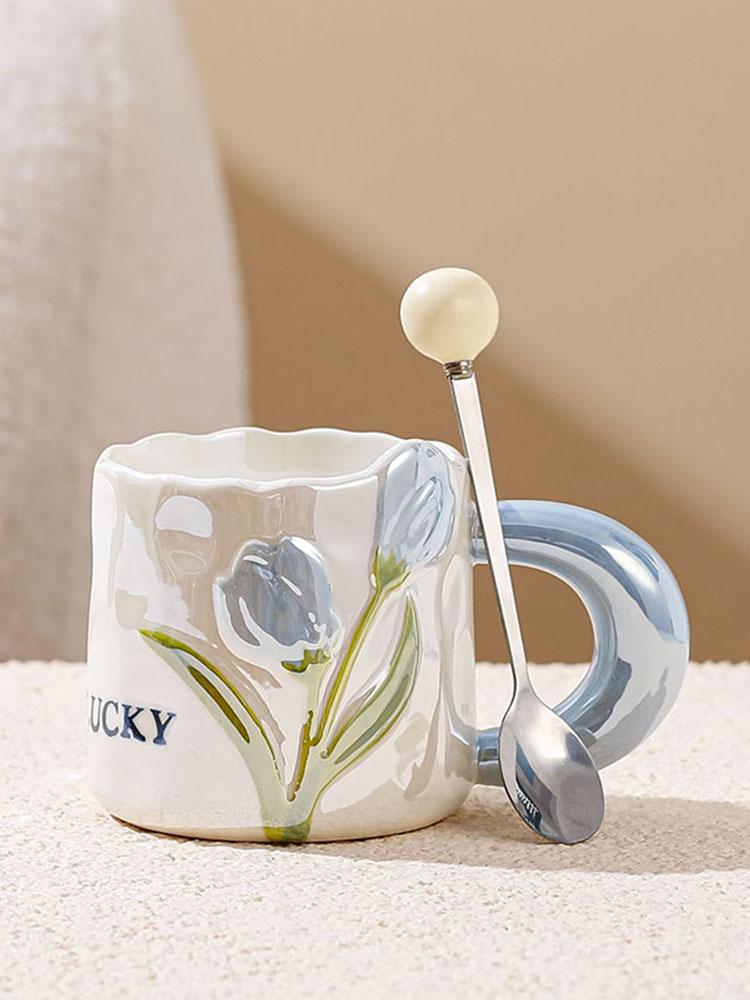 

Кружка-тюльпан, креативная керамическая чашка с ручкой и ложкой, подарок милой паре, чашка для кофе и воды, подарки на свадьбу и день рождения 380ml