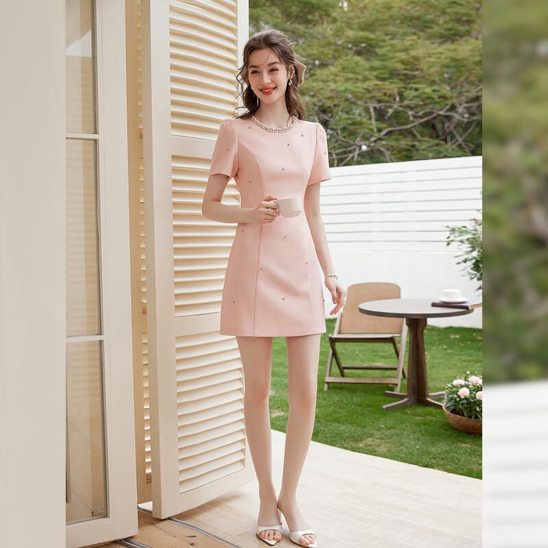 White Deer Language Summer Ladylike Pearl Chain Puff Sleeve Slim-fit Dress
