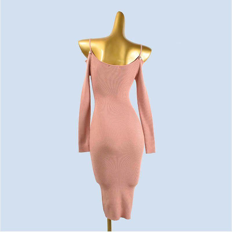 Autumn New Sexy off-Shoulder Slim-Fit Figure Flattering Knitting Dress Women's Long Sleeve Base Narrow Sweater Skirt