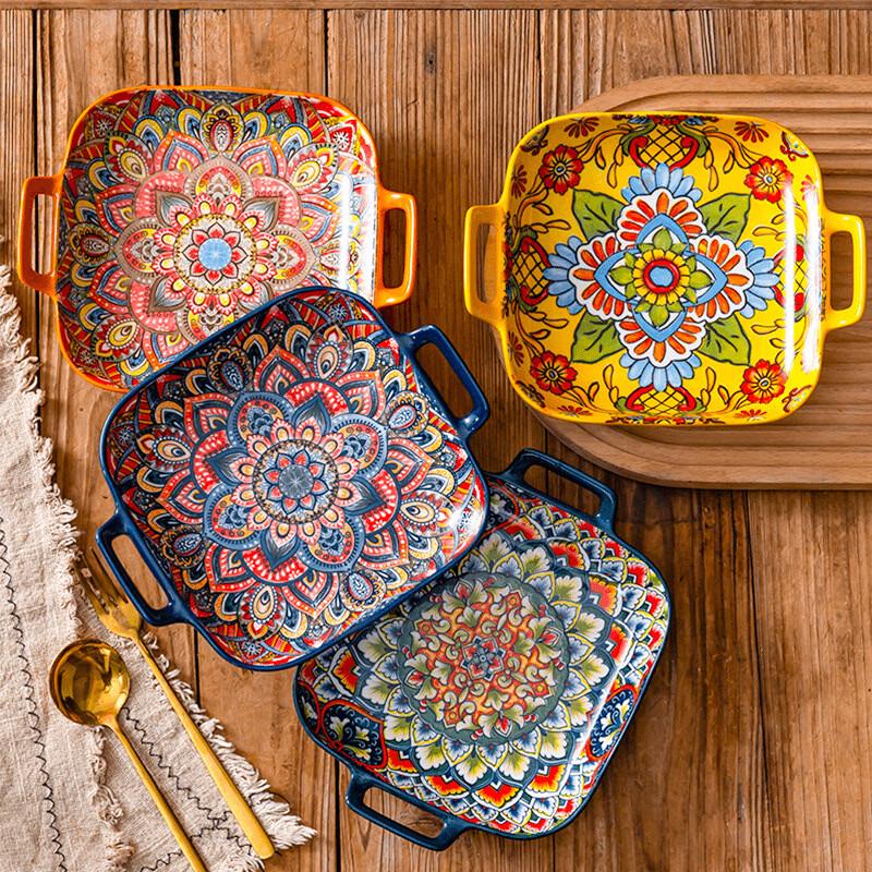 Abay Bohemian Square Ceramic Plates with Handles