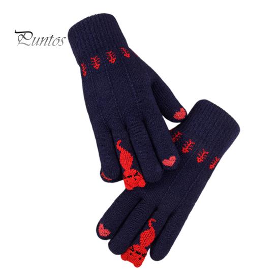

1 пара женских зимних перчаток из жаккарда, утолщенные, вязаные, с пятью пальцами, с сенсорным экраном, с рисунком мультяшного кота, противоскользящие, для холодной погоды, для вождения, гольфа, катания на лыжах темно-синий