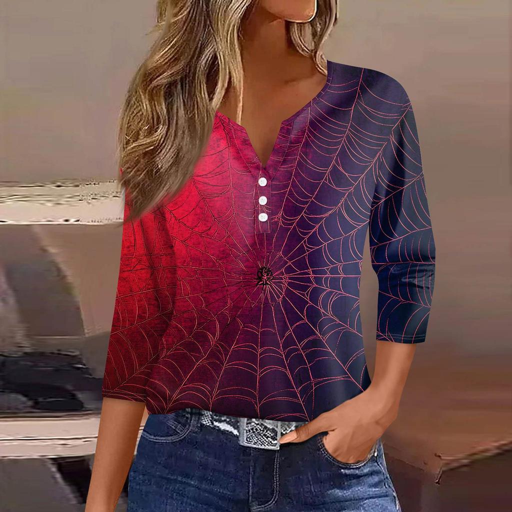 Women's Fashion Casual T-Shirt V-Neck Seven Sleeve  Printed Button Top