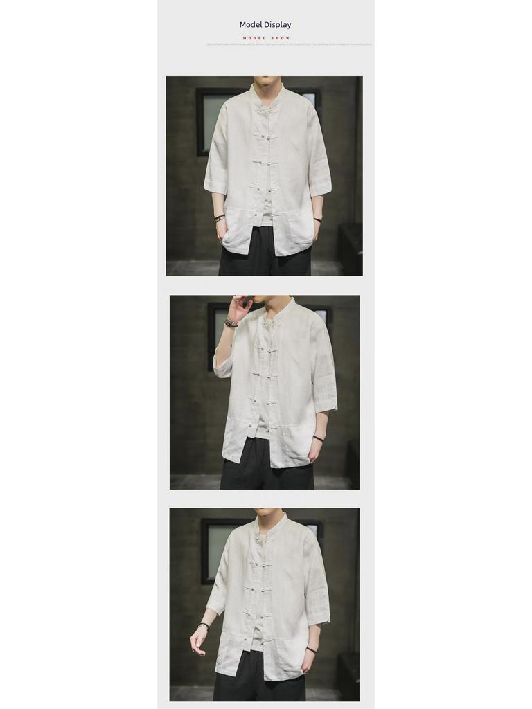 Men's Tang Suit Linen Shirt Jacket - Summer 5-Point Sleeve Button-Up