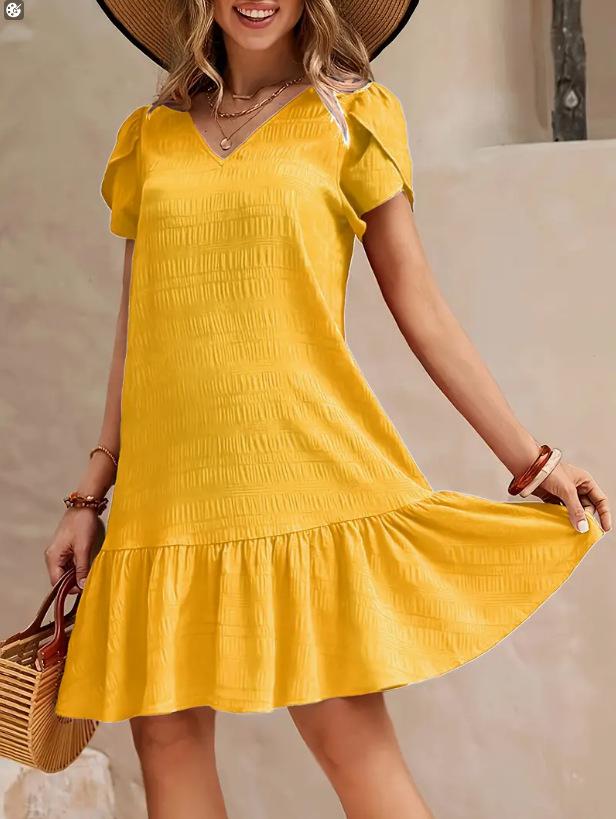 V-neck solid color loose dress casual short-sleeved dress