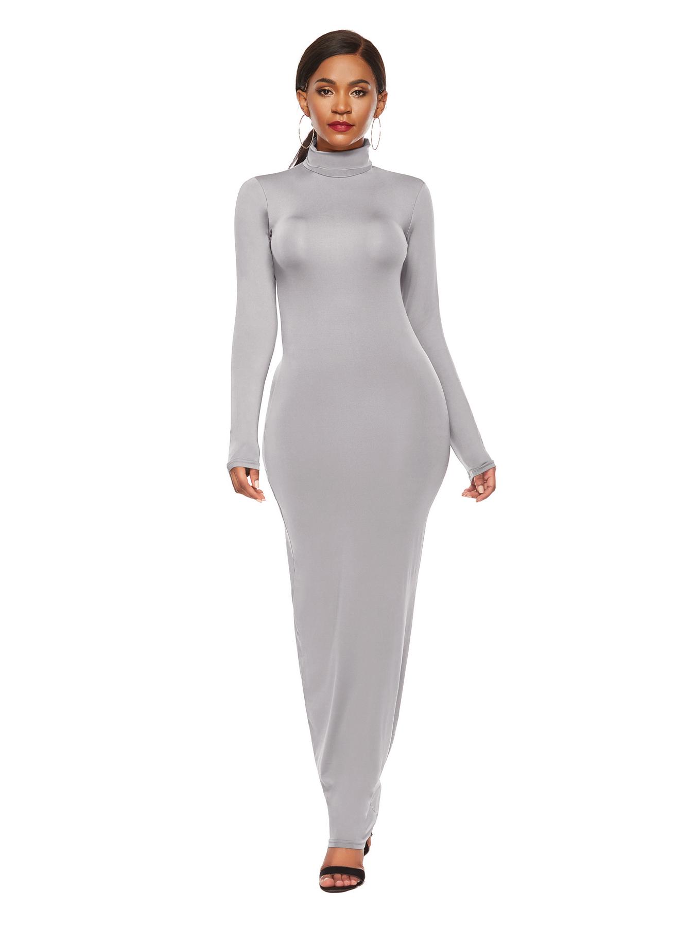 

Женское платье с длинным рукавом, однотонное, облегающего кроя, с высоким воротом - Европейская и американская мода 5XL серый