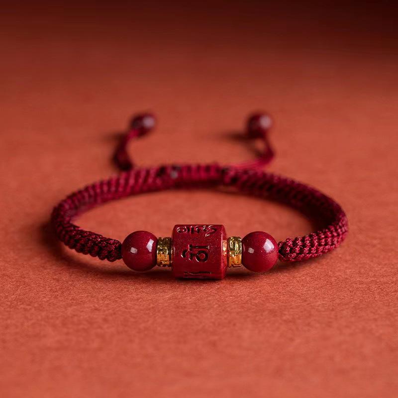 Genuine Cinnabar & Raw Stone Beaded Bracelet - Six-Syllable Mantra for Men's & Women's Benming Year, Handmade Woven Red String for Couples