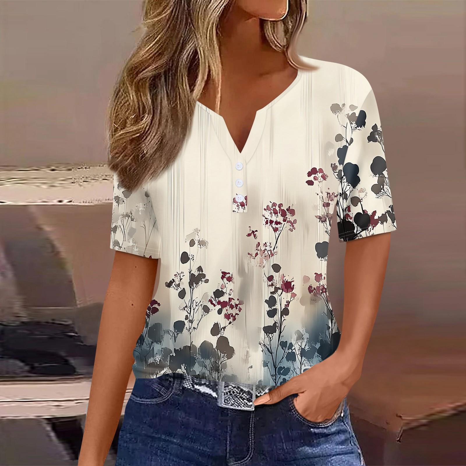 

Женская футболка с принтом на пуговицах, короткий рукав, туника, повседневная, выходного дня, модная, базовая, с V-образным вырезом, стандартный топ M бежевый