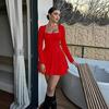 European & American Women's Square Neck Long Sleeve Slim Fit Short Dress - Beach Vacation Style
