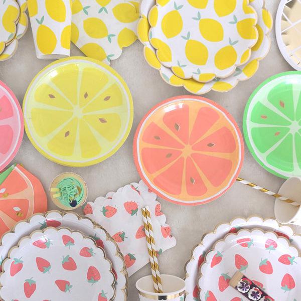 Fruit-Themed Disposable Picnic Set: Lemongrass, Strawberry, Watermelon, Pineapple Plates, Gold Foil Lace Party Plates, Cups & Napkins.