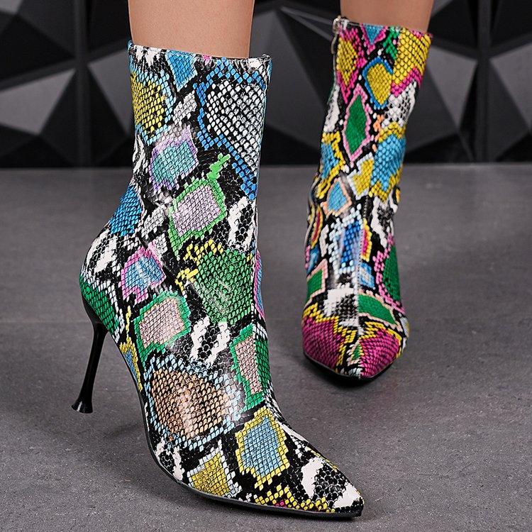 Spitze Zehen Sexy Hohe Absätze Damen Neue Stilettos Karomuster Schlangenmuster Seitenreißverschluss Rutschfest Verschleißfest Hohe Absätze Stiefel