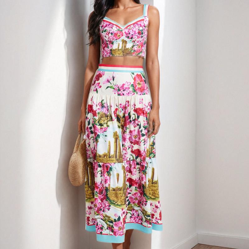 2026 Spring Women's Fashion Set: Print Bandeau Camisole with High-Waisted Skirt