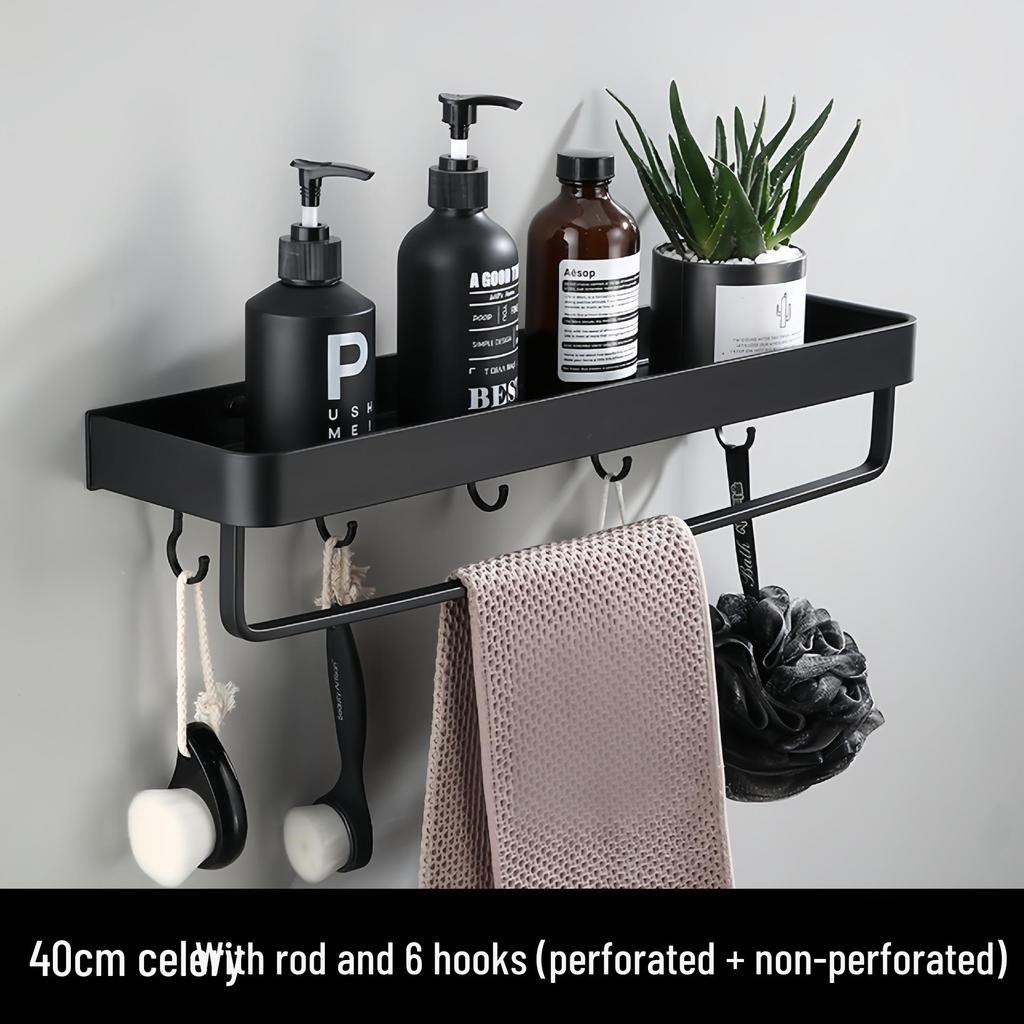 Black Space-Saving Aluminum Wall Shelf & Towel Rack - No Drilling Needed