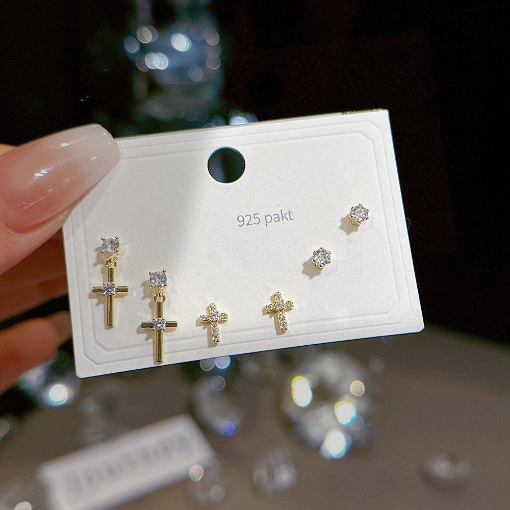 925 Silber Nadel Ohrring Set - Goldene Schleife und Persönlichkeitsdesigns, Drei Paare