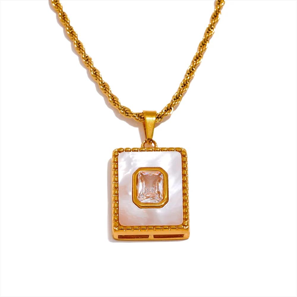

Yhpup Luxury Natural Shell Zircon Square Pendant Necklace Stainless Steel High-Grade Trendy Neck Jewelry Women Gift Bijoux