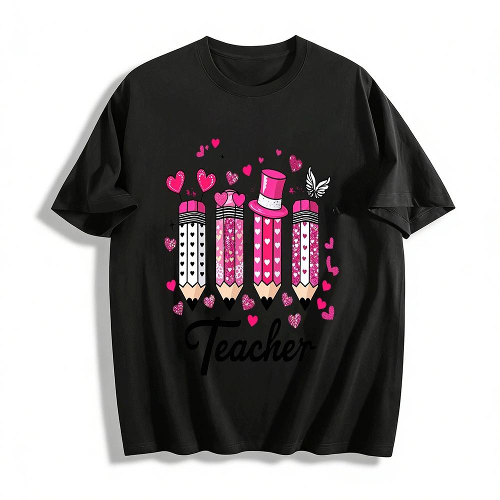Valentine s Day Heart Pencil Print Teacher Casual T-Shirt Pure cotton T-shirt XXS