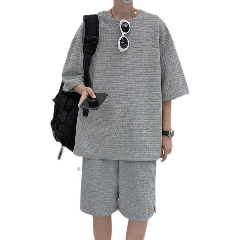 Men's Trendy Waffle Sports Suit with Short-Sleeved T-Shirt for Summer