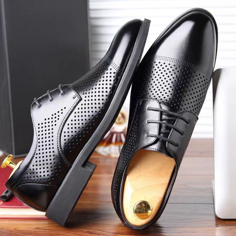 Leather Shoes Men's Summer Hollow Men's British Business Leather Shoes Korean Version Casual Shoes Round Head Strap Leather Shoes