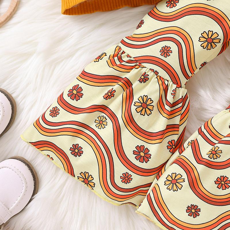 Mädchen Strick-Träger-Rückenfreies Schlauchoberteil + Welle-Blumen-Ausgestellte Lange Hose Herbst Kinderkleidung