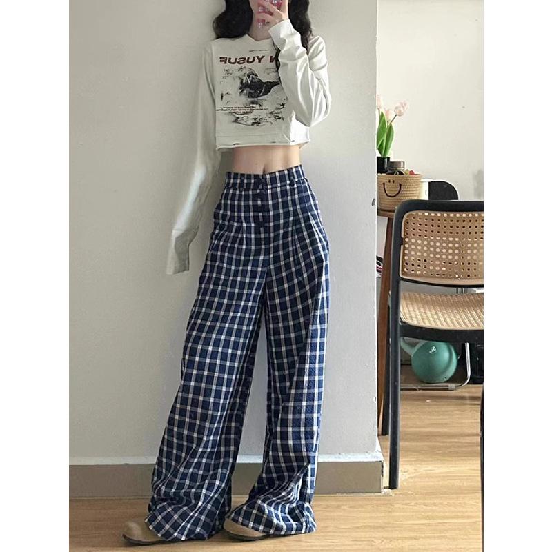 Women's Retro Blue Check Wide Leg Pants - High Waist, Casual, Floor-Length for Spring/Autumn