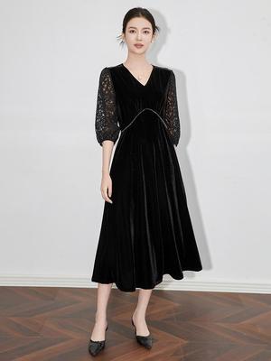 Elegant V-Neck Velvet Midi Dress with Lantern Sleeves and Waist-Slimming Design