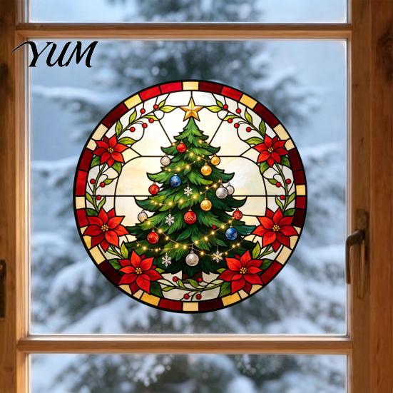 Christmas Party Glass Decorations Round Window Sticker, Stained Style, Removable Static Film Cling, Santa Claus Tree PVC Decal for Holiday Home Decor