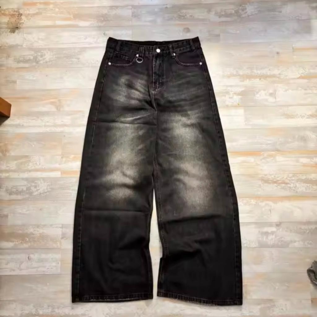 Men's Denim Pants Old Blue Washed Male Jeans Straight Casual Menwear Loose Wide Leg Trousers New Fashion