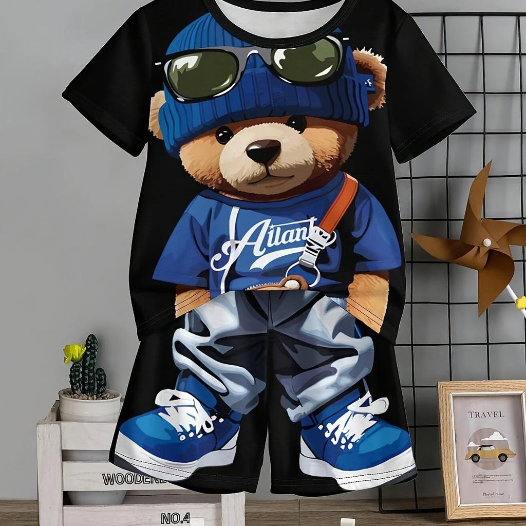 2026 Kids Clothes 2pcs Boys Fun Cartoon Bear Print Short Sleeve T-Shirt Shorts Set Summer Active Boys Complete Stylish Look